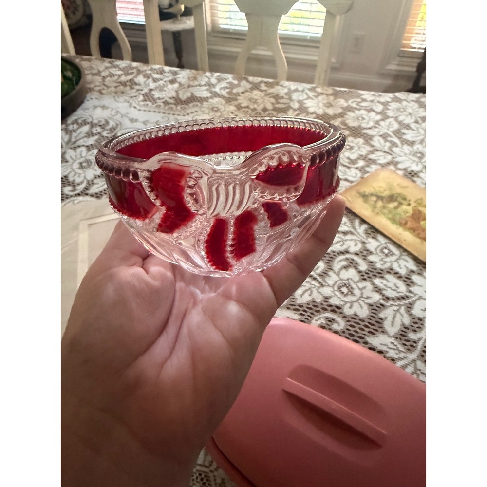 Mikasa Bowl Ruby Red Bow Ribbon Clear Pressed Candy Dish Vintage - Picture 2 of 5
